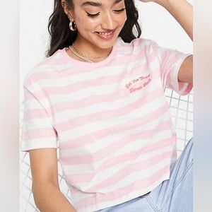 New Look good times slogan tee in pink stripe